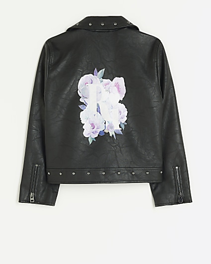 Girls black faux leather studded biker jacket