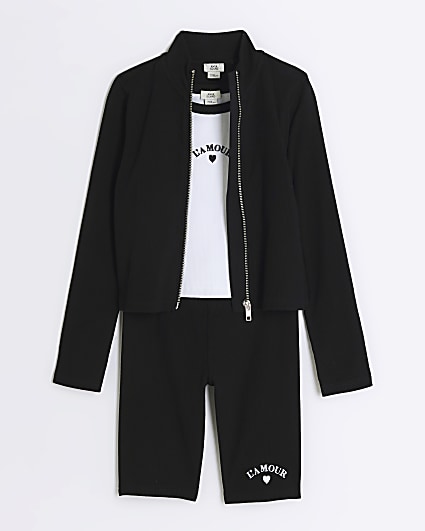 Girls black rib zip up top and shorts set