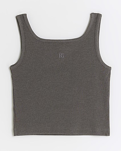 Girls grey ribbed embroidered logo crop vest