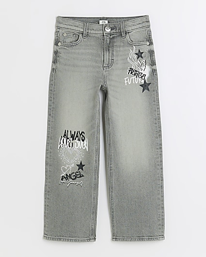 Girls grey straight graffiti jeans