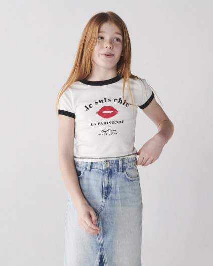 Girls white lips graphic crop t-shirt