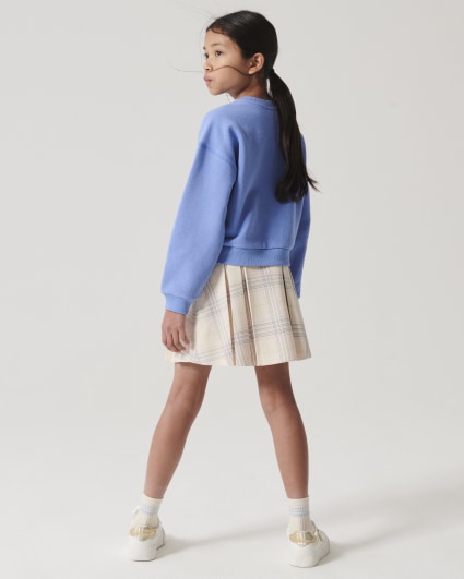 Girls cream check pleated skirt