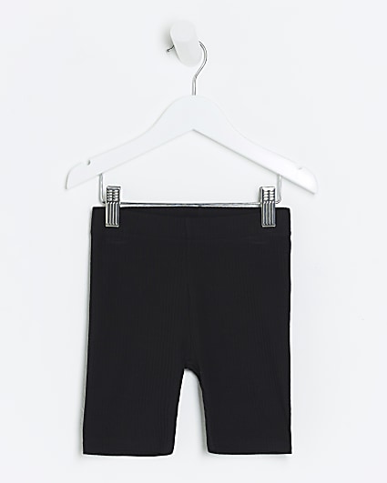 Mini girls black plain rib cycle shorts
