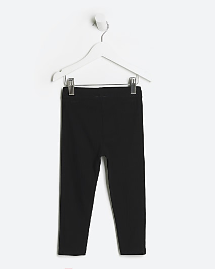 Mini girls black plain rib leggings