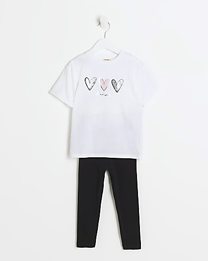 Mini girls white trio heart leggings set