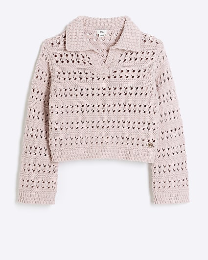 Girls pink collared crochet jumper