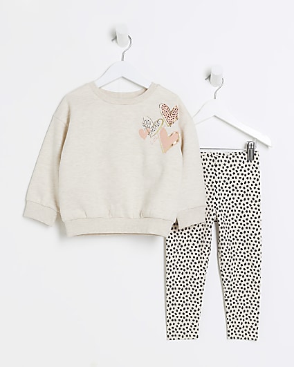 Mini girls beige heart sweatshirt set