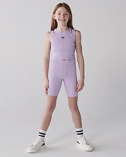 Girls purple rib double strap tank top set