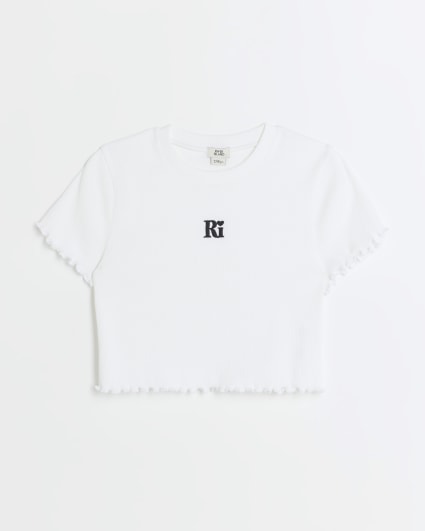 Girls white embroidered logo crop t-shirt
