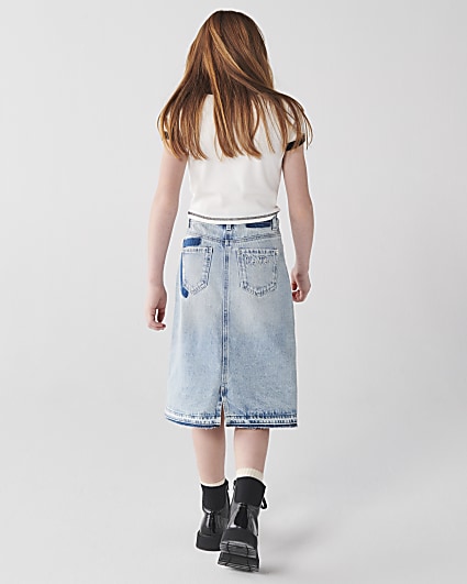 Girls blue patchwork denim midi skirt