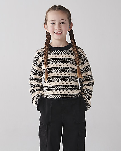 Girls beige stripe knitted crop jumper