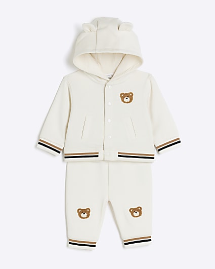 Baby cream embroidered bear hoodie set