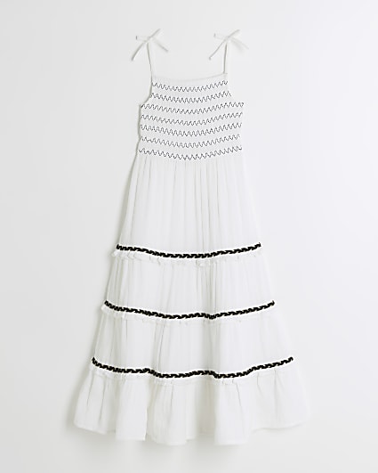 Girls White Embroidered Tiered Dress