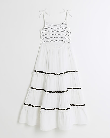 Girls White Embroidered Tiered Dress