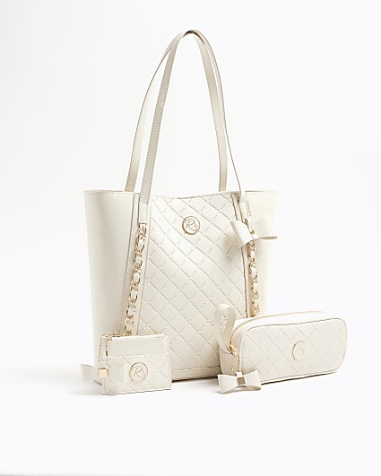 Girls cream quilted bow shopper bag bundle
