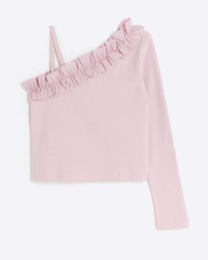 Girls pink one shoulder frill top