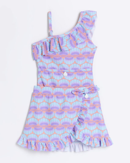 Mini girls coral shell swimsuit and skirt set