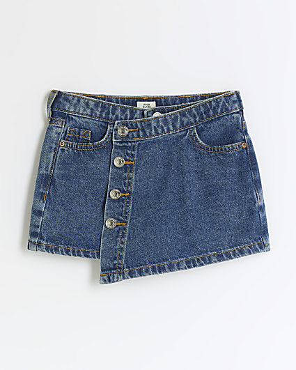 Girls blue button asymmetric denim skort