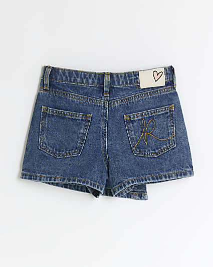 Girls blue button asymmetric denim skort