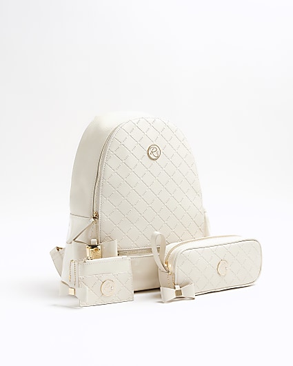 Girls cream bow quilted backpack set