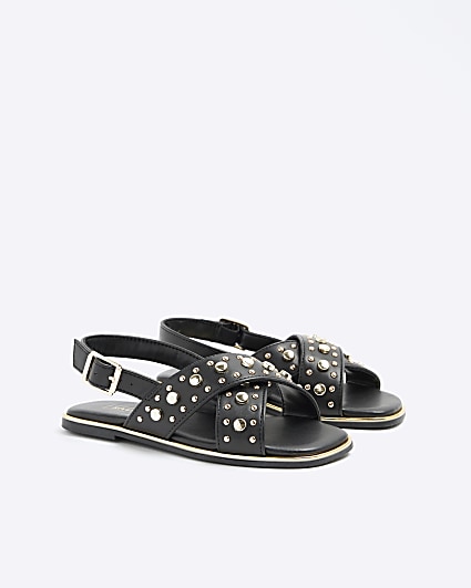 Girls Black Studded Flat Sandal