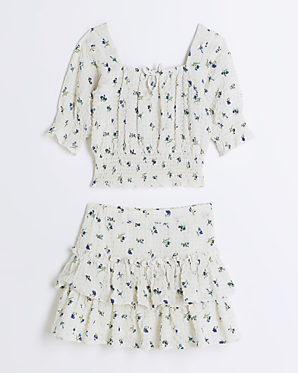Girls cream floral blouse and skirt set