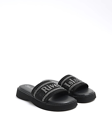 Girls black diamante flatform sandals