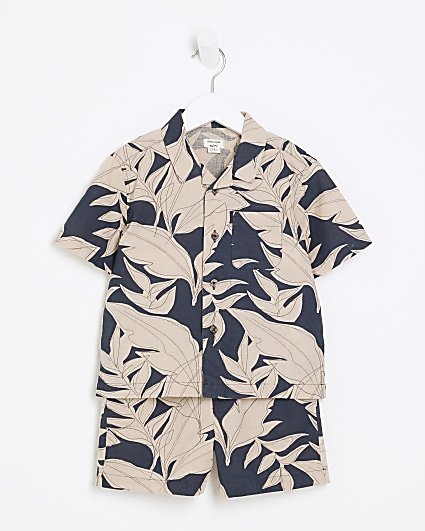 Mini boys black leaf print shirt set