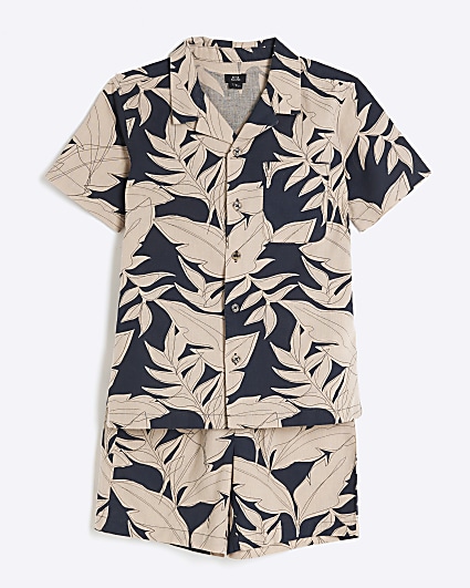 Boys black leaf print shirt set