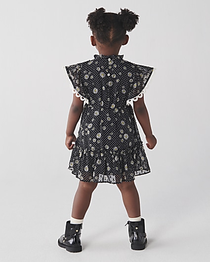 Mini girls black floral lace trim dress