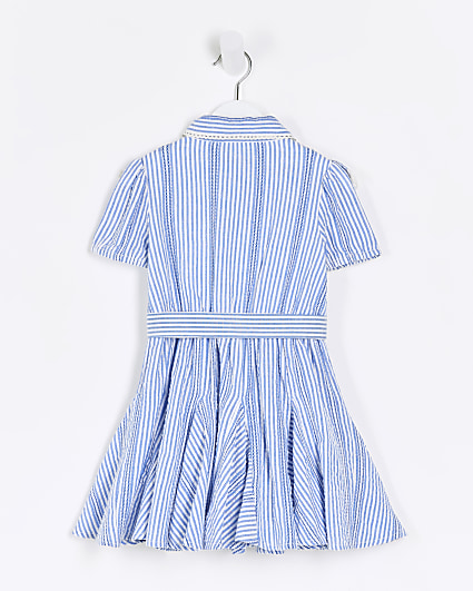 Mini girls blue stripe belted shirt dress