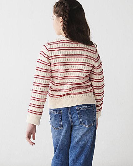 Girls red knit striped cardigan