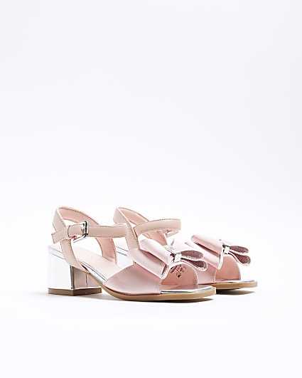 Girls pink diamante bow heel sandals