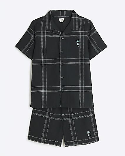 Boys black check shirt and shorts set