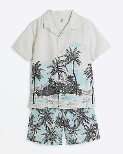 Boys ecru palm tree shirt and shorts set