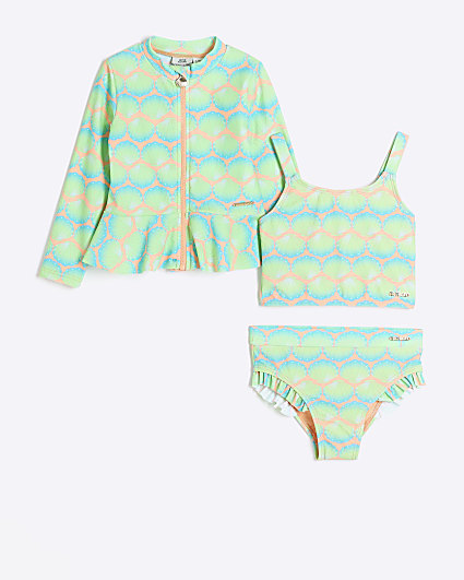 Mini girls green shell rash swim set