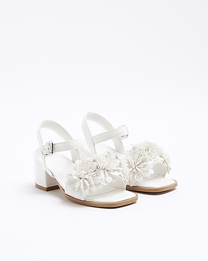 Girls white flower heeled sandals