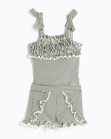 Mini girls black stripe frill swimsuit set