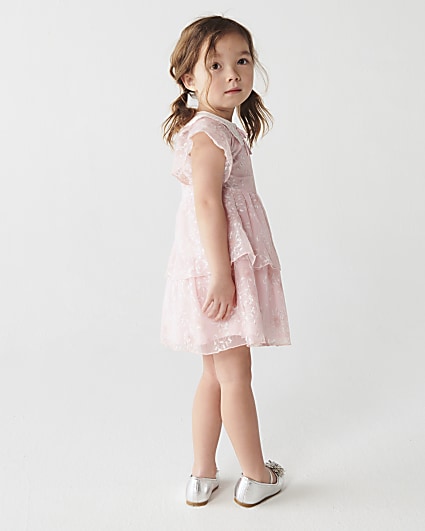 Mini girls pink floral tulle tiered dress
