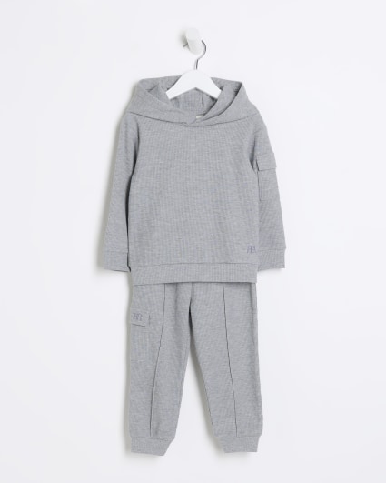 Mini boys grey waffle textured hoodie set