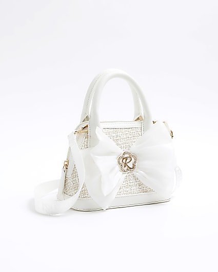 Girls white boucle bow tote bag