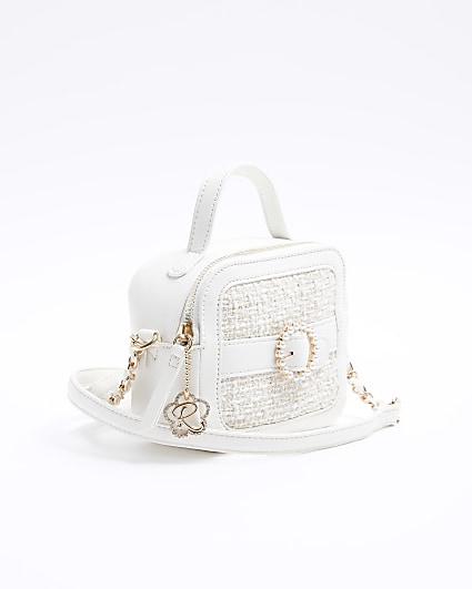 Girls white boucle pearl cross body bag