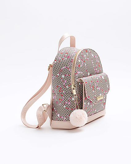 Girls brown floral monogram backpack