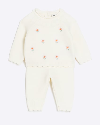 Baby girls ecru floral embroidered jumper set