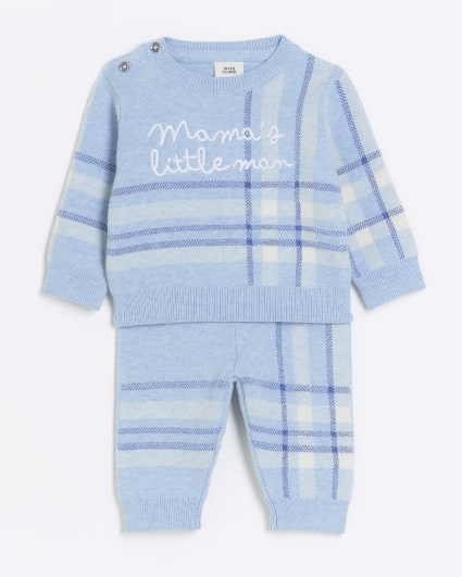 Baby boys blue knitted check jumper set