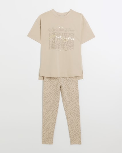 Girls beige graphic t-shirt and leggings set