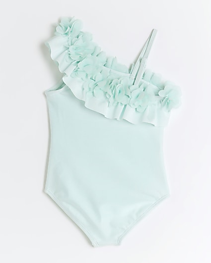 Mini girls green frill asymmetric swimsuit