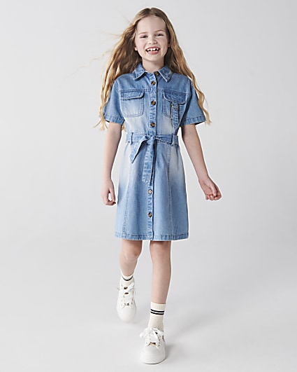 Girls denim blue belted shirt dress