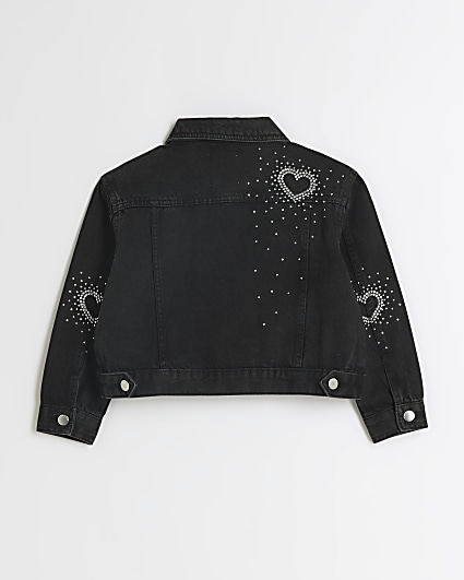 Girls black denim diamante heart jacket
