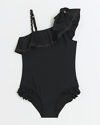 Girls black one shoulder frill swimsuit